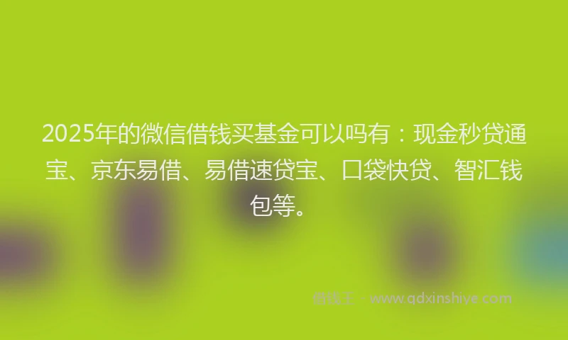2025年的微信借钱买基金可以吗有:现金秒贷通宝、京东易借、易借速贷宝、口袋快贷、智汇钱包等。