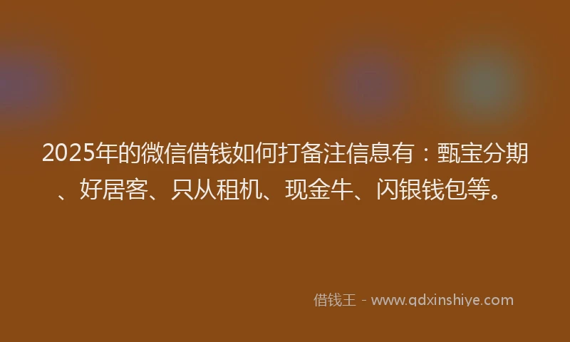 2025年的微信借钱如何打备注信息有：甄宝分期、好居客、只从租机、现金牛、闪银钱包等。