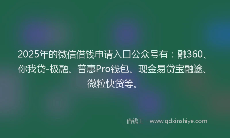 2025年的微信借钱申请入口公众号有：融360、你我贷-极融、普惠Pro钱包、现金易贷宝融途、微粒快贷等。