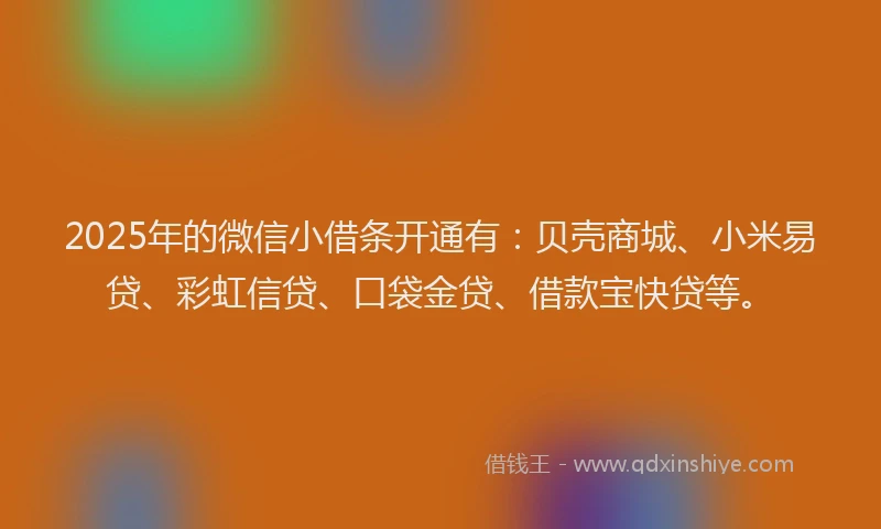 2025年的微信小借条开通有：贝壳商城、小米易贷、彩虹信贷、口袋金贷、借款宝快贷等。