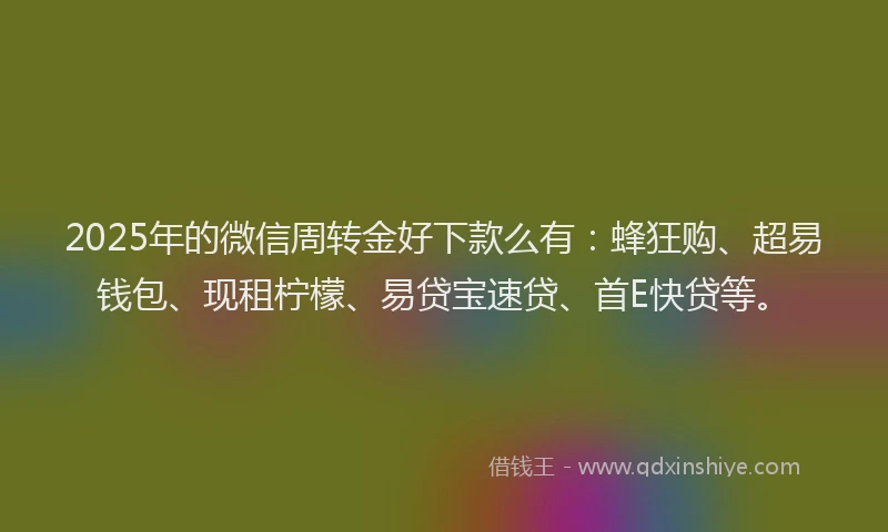 2025年的微信周转金好下款么有：蜂狂购、超易钱包、现租柠檬、易贷宝速贷、首E快贷等。
