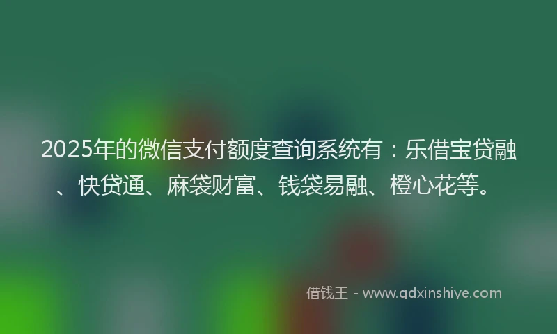 2025年的微信支付额度查询系统有：乐借宝贷融、快贷通、麻袋财富、钱袋易融、橙心花等。