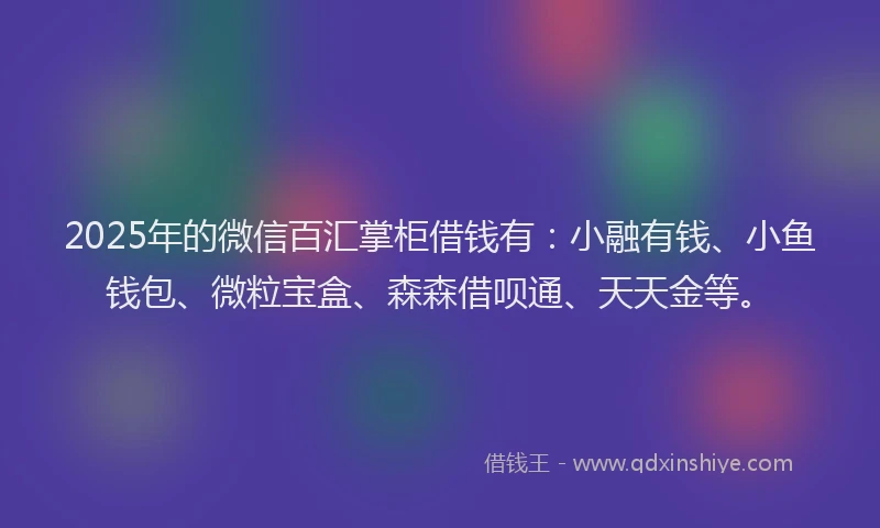 2025年的微信百汇掌柜借钱有：小融有钱、小鱼钱包、微粒宝盒、森森借呗通、天天金等。