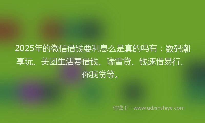 2025年的微信借钱要利息么是真的吗有：数码潮享玩、美团生活费借钱、瑞雪贷、钱速借易行、你我贷等。