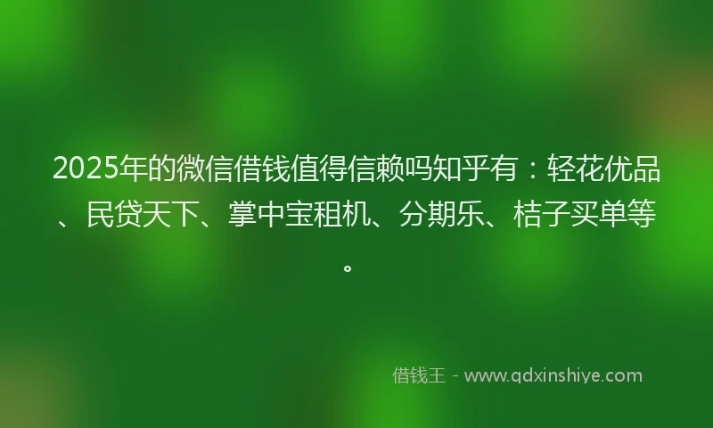 2025年的微信借钱值得信赖吗知乎有：轻花优品、民贷天下、掌中宝租机、分期乐、桔子买单等。