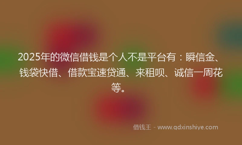 2025年的微信借钱是个人不是平台有：瞬信金、钱袋快借、借款宝速贷通、来租呗、诚信一周花等。