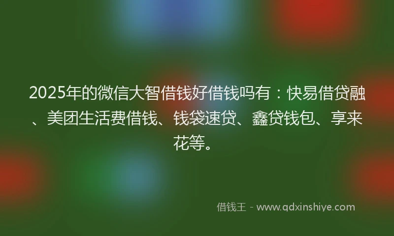 2025年的微信大智借钱好借钱吗有：快易借贷融、美团生活费借钱、钱袋速贷、鑫贷钱包、享来花等。