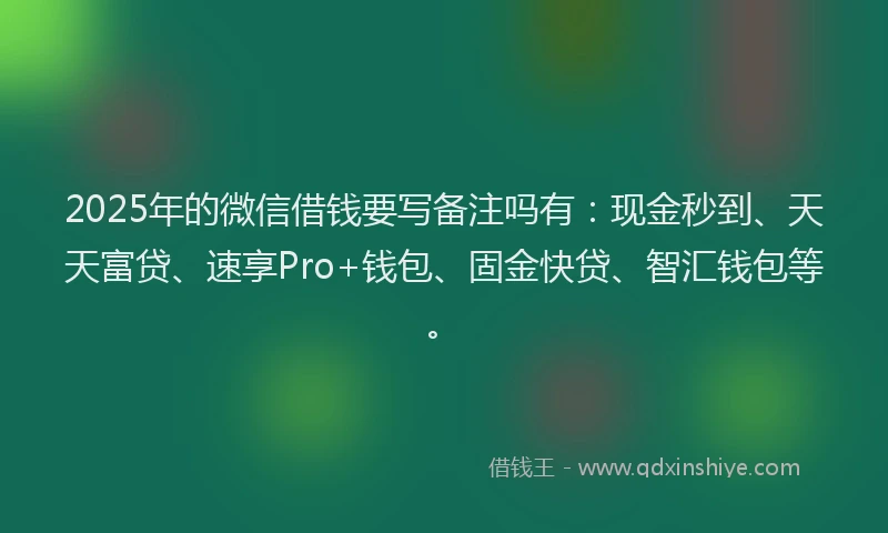 2025年的微信借钱要写备注吗有：现金秒到、天天富贷、速享Pro+钱包、固金快贷、智汇钱包等。