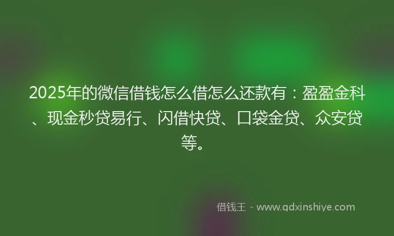2025年的微信借钱怎么借怎么还款有：盈盈金科、现金秒贷易行、闪借快贷、口袋金贷、众安贷等。
