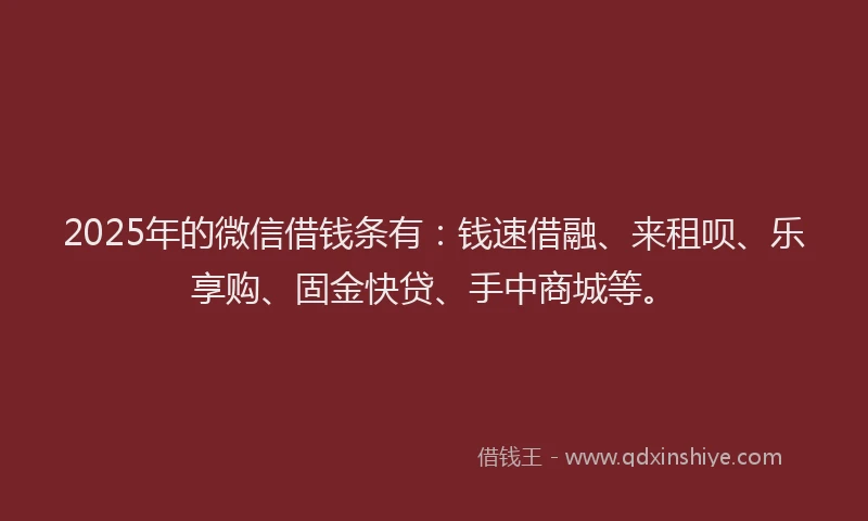 2025年的微信借钱条有：钱速借融、来租呗、乐享购、固金快贷、手中商城等。