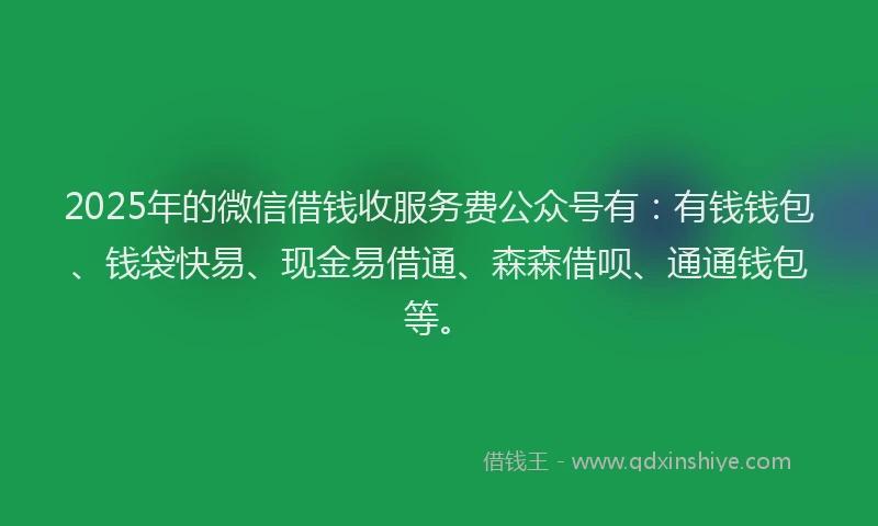 2025年的微信借钱收服务费公众号有：有钱钱包、钱袋快易、现金易借通、森森借呗、通通钱包等。