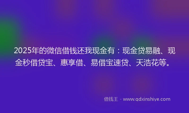 2025年的微信借钱还我现金有：现金贷易融、现金秒借贷宝、惠享借、易借宝速贷、天浩花等。