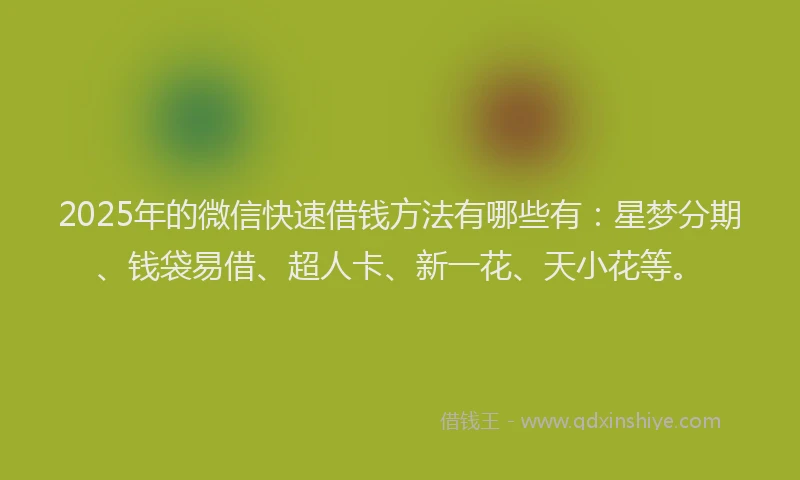 2025年的微信快速借钱方法有哪些有：星梦分期、钱袋易借、超人卡、新一花、天小花等。