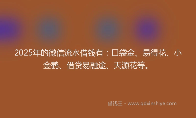 2025年的微信流水借钱有：口袋金、易得花、小金鹤、借贷易融途、天源花等。