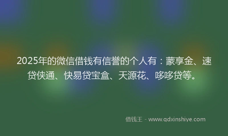 2025年的微信借钱有信誉的个人有：蒙享金、速贷侠通、快易贷宝盒、天源花、哆哆贷等。