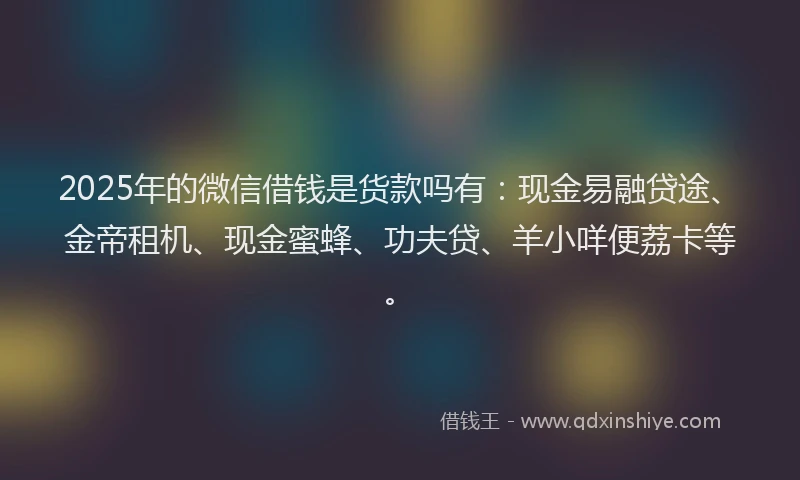 2025年的微信借钱是货款吗有：现金易融贷途、金帝租机、现金蜜蜂、功夫贷、羊小咩便荔卡等。