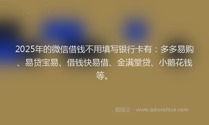 2025年的微信借钱不用填写银行卡有：多多易购、易贷宝易、借钱快易借、金满堂贷、小鹅花钱等。