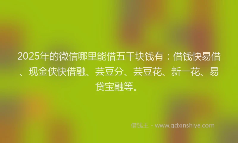 2025年的微信哪里能借五干块钱有：借钱快易借、现金侠快借融、芸豆分、芸豆花、新一花、易贷宝融等。