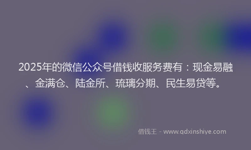 2025年的微信公众号借钱收服务费有：现金易融、金满仓、陆金所、琉璃分期、民生易贷等。