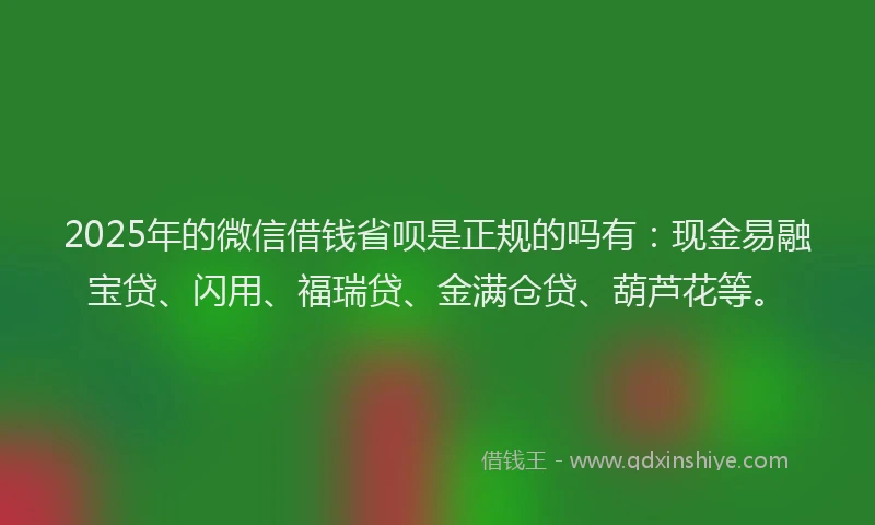 2025年的微信借钱省呗是正规的吗有：现金易融宝贷、闪用、福瑞贷、金满仓贷、葫芦花等。