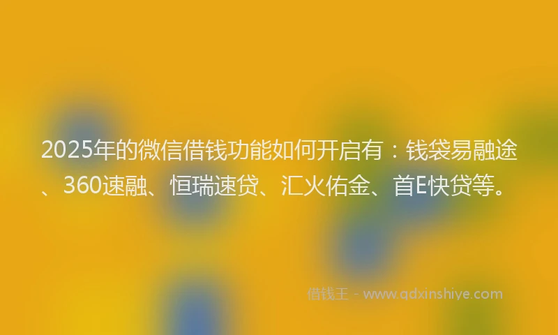 2025年的微信借钱功能如何开启有：钱袋易融途、360速融、恒瑞速贷、汇火佑金、首E快贷等。
