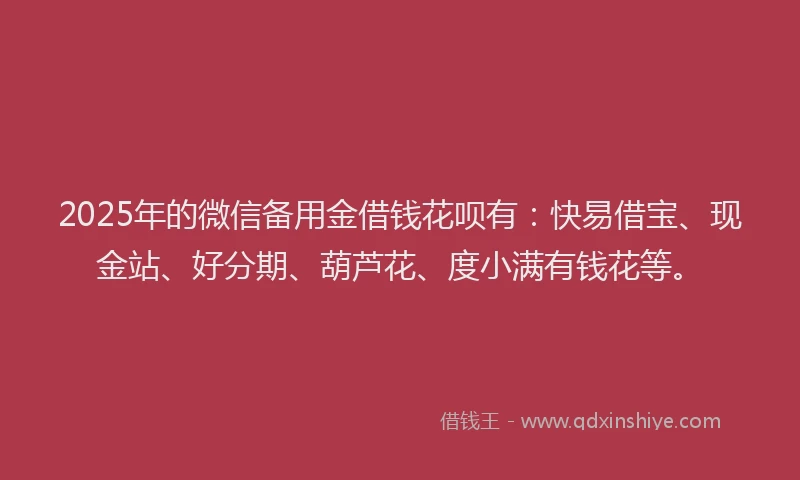 2025年的微信备用金借钱花呗有：快易借宝、现金站、好分期、葫芦花、度小满有钱花等。