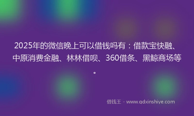2025年的微信晚上可以借钱吗有：借款宝快融、中原消费金融、林林借呗、360借条、黑鲸商场等。