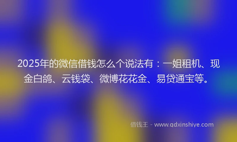 2025年的微信借钱怎么个说法有：一姐租机、现金白鸽、云钱袋、微博花花金、易贷通宝等。