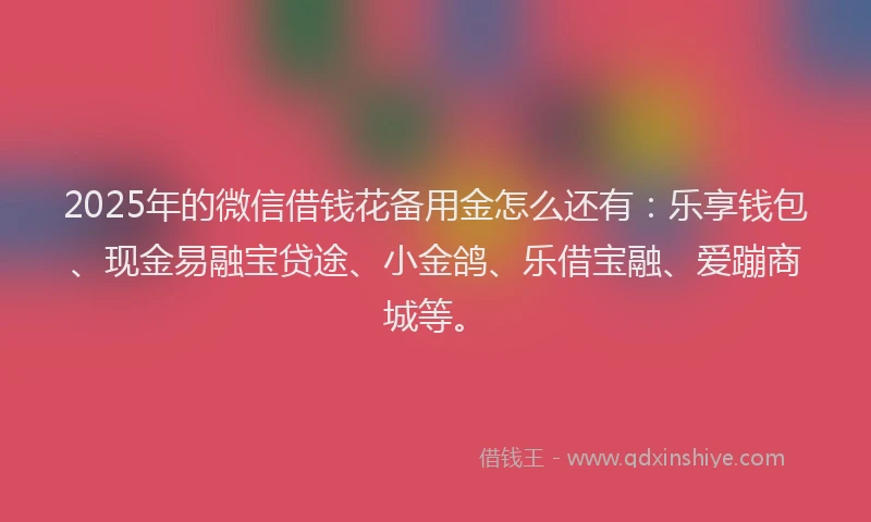 2025年的微信借钱花备用金怎么还有：乐享钱包、现金易融宝贷途、小金鸽、乐借宝融、爱蹦商城等。