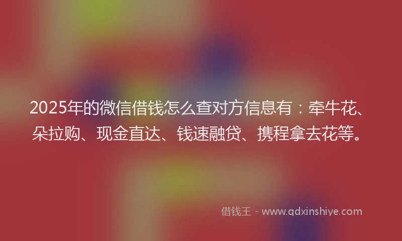 2025年的微信借钱怎么查对方信息有：牵牛花、朵拉购、现金直达、钱速融贷、携程拿去花等。