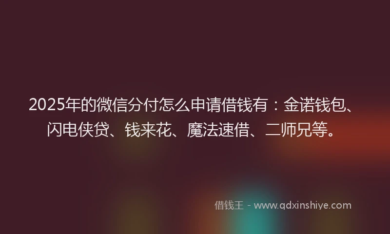 2025年的微信分付怎么申请借钱有：金诺钱包、闪电侠贷、钱来花、魔法速借、二师兄等。