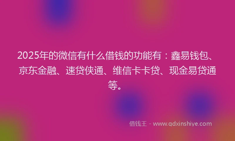 2025年的微信有什么借钱的功能有：鑫易钱包、京东金融、速贷侠通、维信卡卡贷、现金易贷通等。