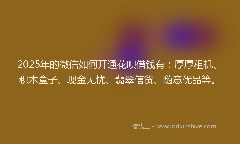 2025年的微信如何开通花呗借钱有：厚厚租机、积木盒子、现金无忧、翡翠信贷、随意优品等。
