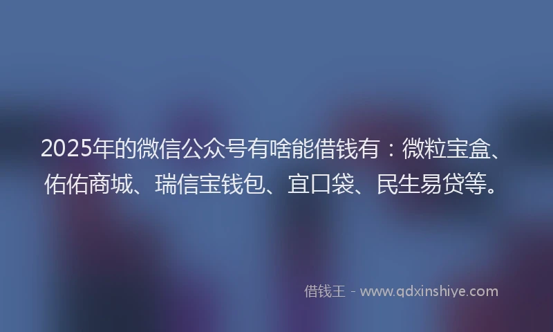 2025年的微信公众号有啥能借钱有：微粒宝盒、佑佑商城、瑞信宝钱包、宜口袋、民生易贷等。