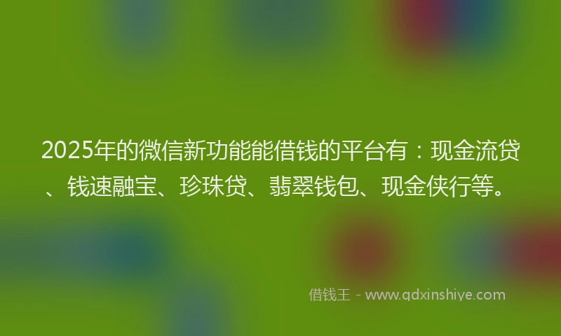 2025年的微信新功能能借钱的平台有：现金流贷、钱速融宝、珍珠贷、翡翠钱包、现金侠行等。
