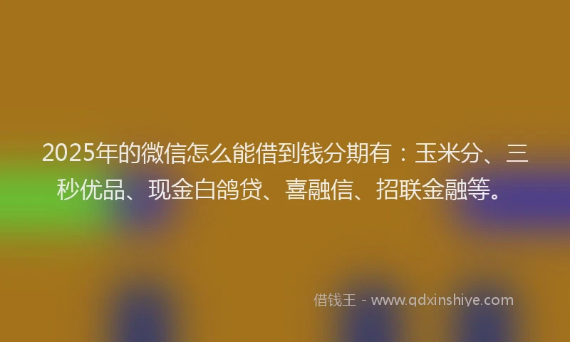 2025年的微信怎么能借到钱分期有：玉米分、三秒优品、现金白鸽贷、喜融信、招联金融等。