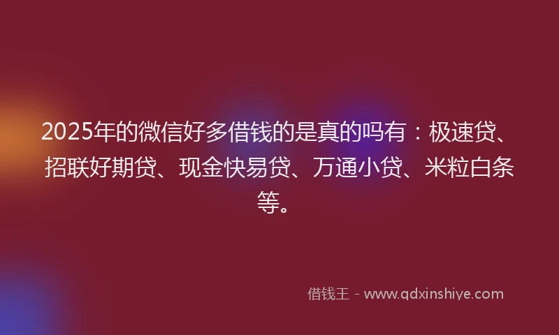 2025年的微信好多借钱的是真的吗有：极速贷、招联好期贷、现金快易贷、万通小贷、米粒白条等。