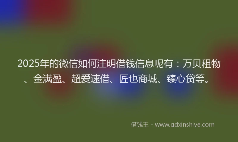 2025年的微信如何注明借钱信息呢有：万贝租物、金满盈、超爱速借、匠也商城、臻心贷等。