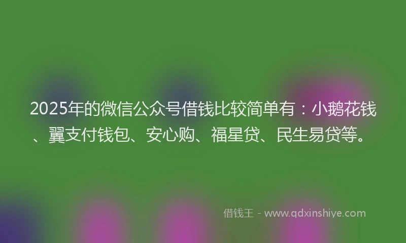 2025年的微信公众号借钱比较简单有：小鹅花钱、翼支付钱包、安心购、福星贷、民生易贷等。