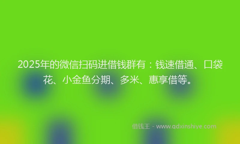 2025年的微信扫码进借钱群有：钱速借通、口袋花、小金鱼分期、多米、惠享借等。