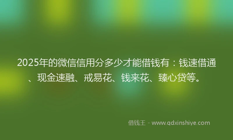 2025年的微信信用分多少才能借钱有：钱速借通、现金速融、戒易花、钱来花、臻心贷等。