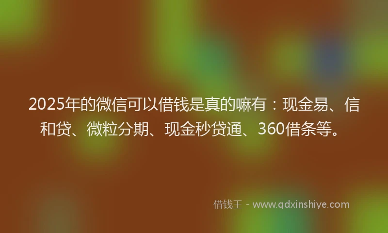 2025年的微信可以借钱是真的嘛有：现金易、信和贷、微粒分期、现金秒贷通、360借条等。