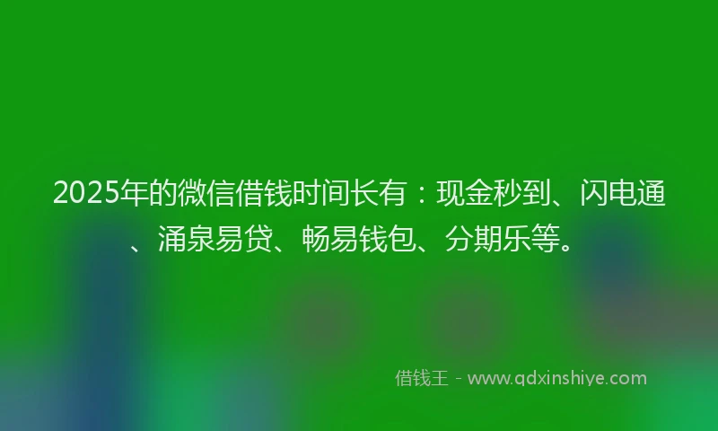 2025年的微信借钱时间长有：现金秒到、闪电通、涌泉易贷、畅易钱包、分期乐等。