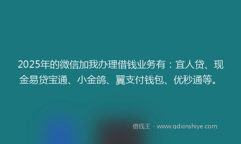2025年的微信加我办理借钱业务有：宜人贷、现金易贷宝通、小金鸽、翼支付钱包、优秒通等。