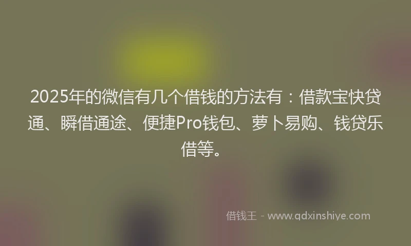 2025年的微信有几个借钱的方法有：借款宝快贷通、瞬借通途、便捷Pro钱包、萝卜易购、钱贷乐借等。
