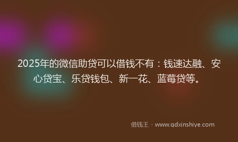 2025年的微信助贷可以借钱不有：钱速达融、安心贷宝、乐贷钱包、新一花、蓝莓贷等。