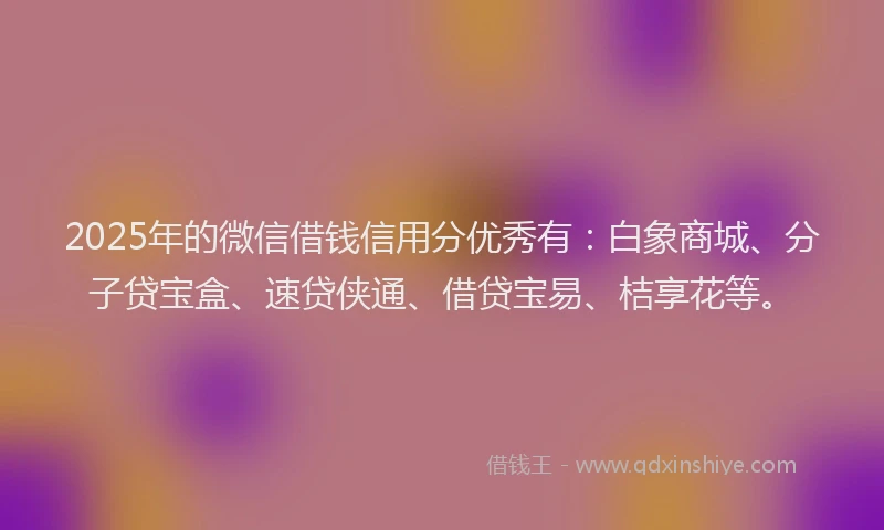 2025年的微信借钱信用分优秀有：白象商城、分子贷宝盒、速贷侠通、借贷宝易、桔享花等。