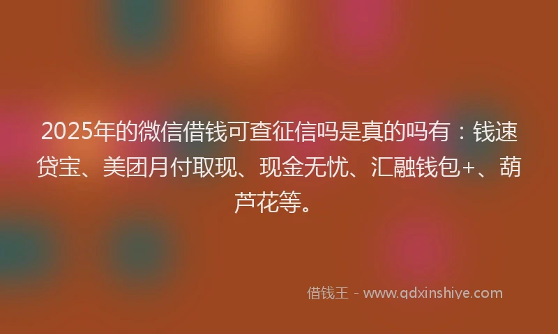 2025年的微信借钱可查征信吗是真的吗有：钱速贷宝、美团月付取现、现金无忧、汇融钱包+、葫芦花等。