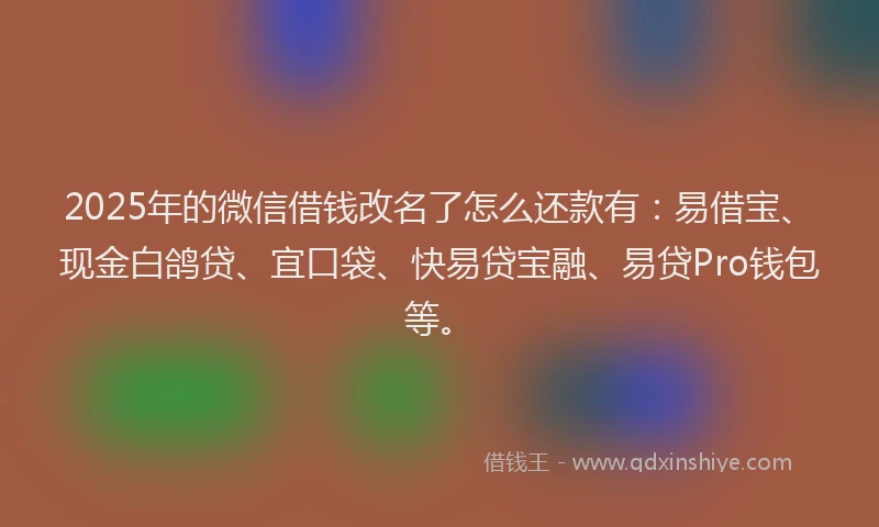 2025年的微信借钱改名了怎么还款有：易借宝、现金白鸽贷、宜口袋、快易贷宝融、易贷Pro钱包等。