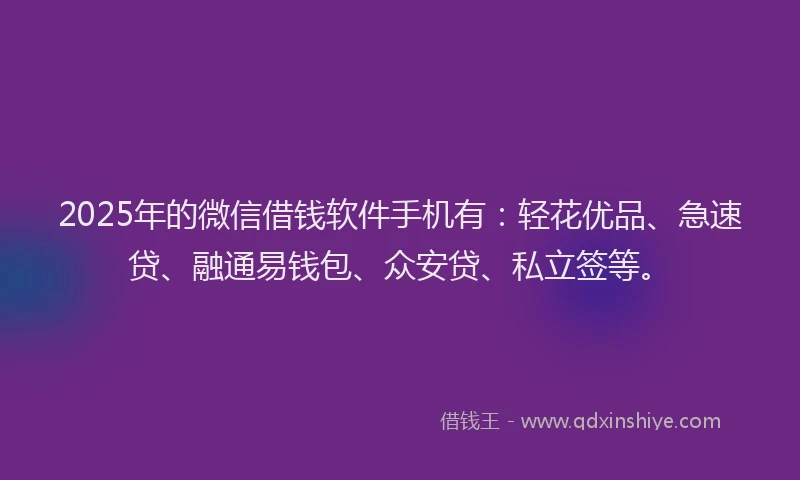 2025年的微信借钱软件手机有：轻花优品、急速贷、融通易钱包、众安贷、私立签等。